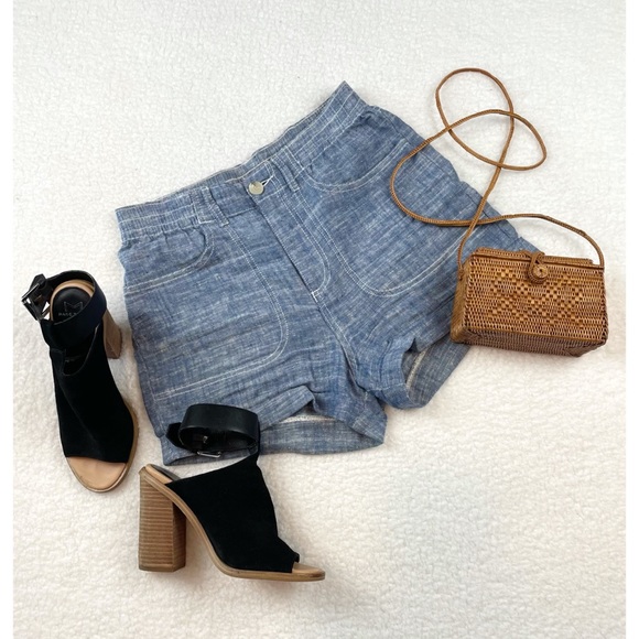 FRENCH CONNECTION • Blue Linen High-Waisted Shorts - Picture 5 of 13